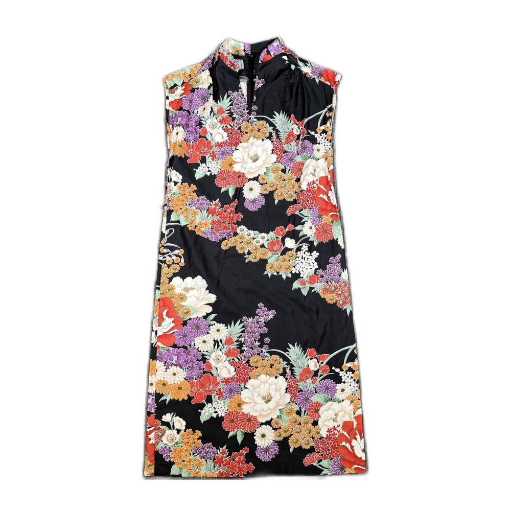 Vintage Blue Hawaii Sportswear Floral Cotton Cheongsam Dress Black Multi Sz XS